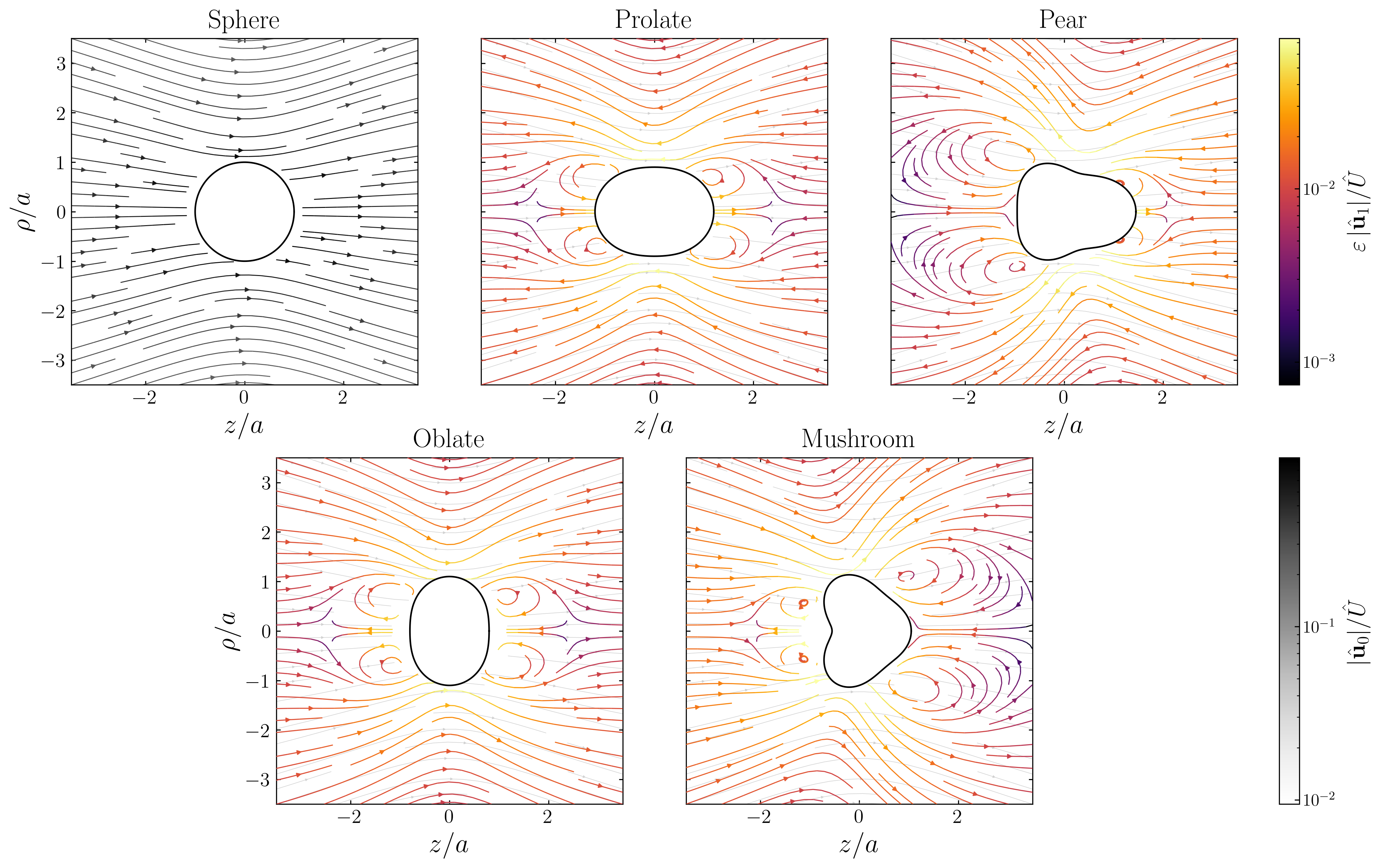 Disturbance velocity fields for sphere, prolate, pear, oblate, and mushroom shapes
